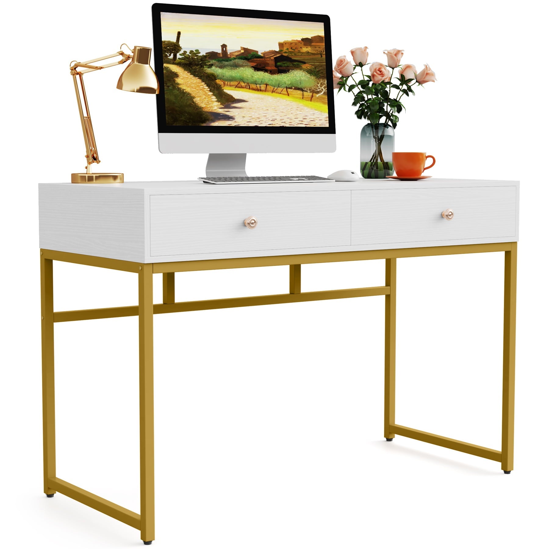 TribeSigns Computer Desk, Modern Simple 47 inch Home Office Desk Study Table Writing Desk with 2 Storage Drawers, Makeup Vanity Console Table, White and Gold