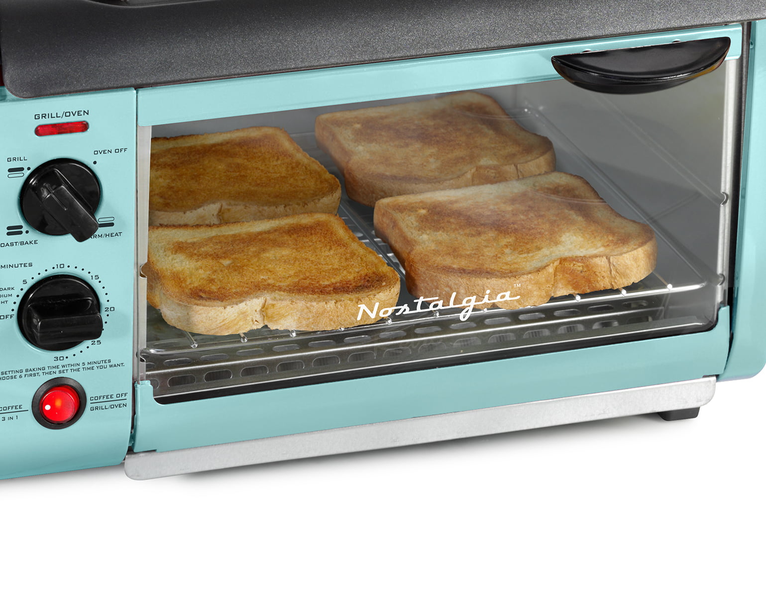 BST3AQ Retro 3-in-1 Family Size Electric Breakfast Station, Coffeemaker, Griddle, Toaster Oven - Aqua