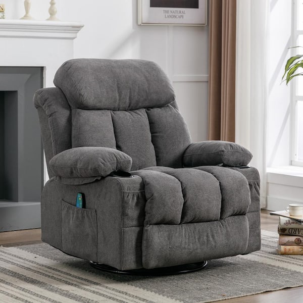 Gray Fabric Swinging Recliner Chair Massage Heated Sofa, with USB and 2-Cup Holders in Side Pockets