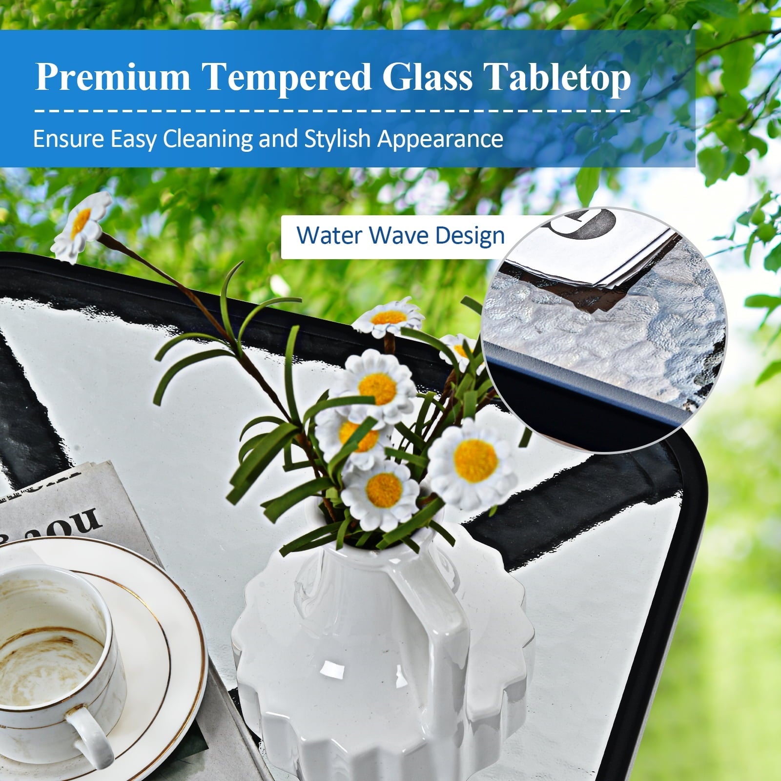 Costway 3PCS Bistro Set Folding Adjustable Chairs Square Glass Table Garden