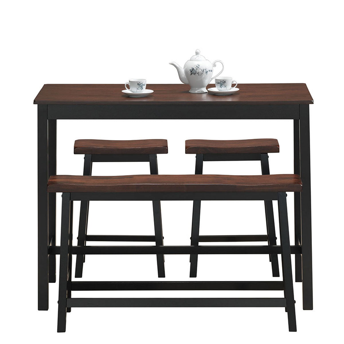 Costway 4 Pcs Solid Wood Counter Height Table Set w/ Height Bench & Two Saddle Stools Brown