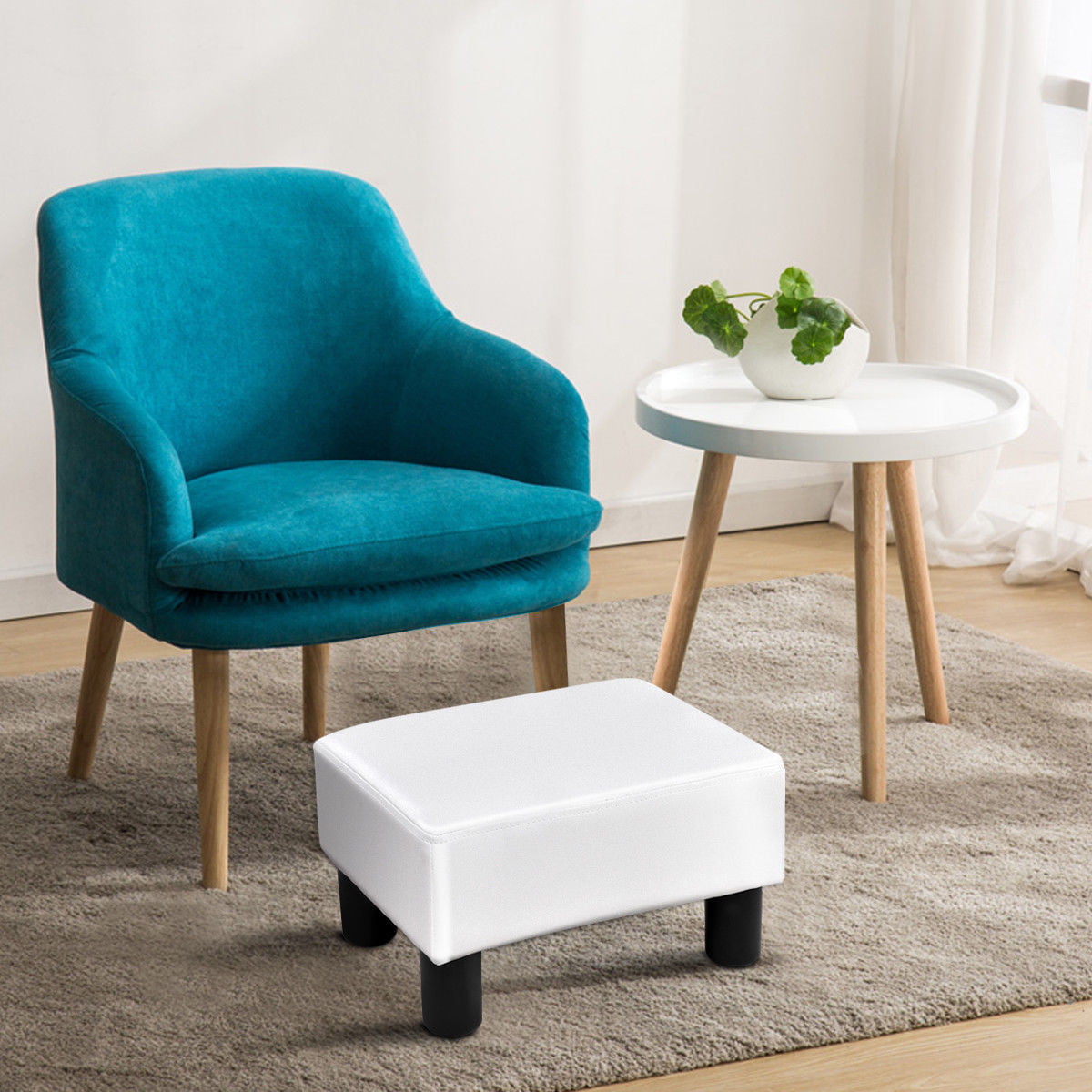 Costway Small Ottoman Footrest PU Leather Footstool Rectangular Seat Stool White
