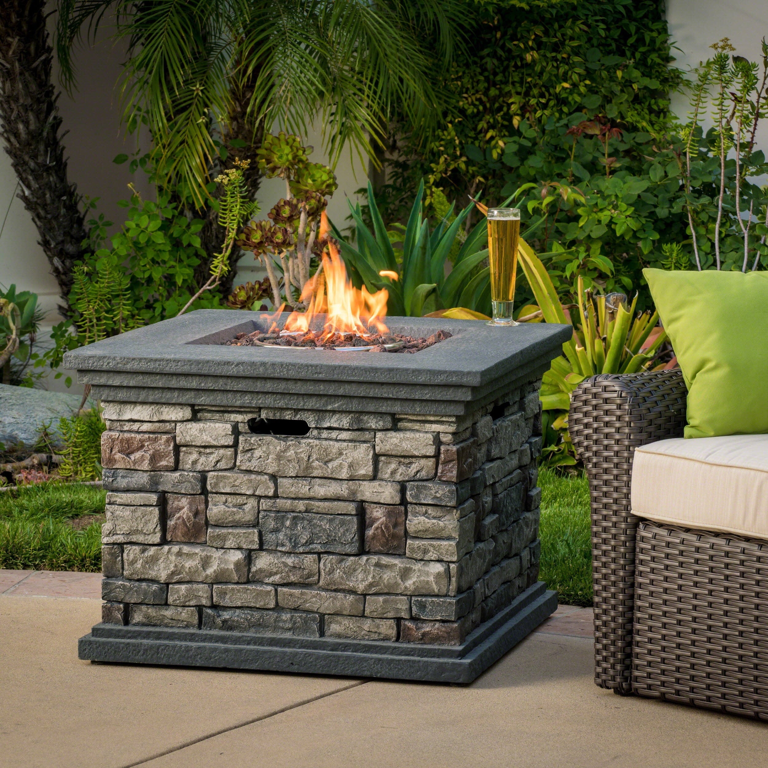 GDF Studio Abramo Outdoor 40,000 BTU Lightweight Concrete Square Fire Pit, Stone Finish
