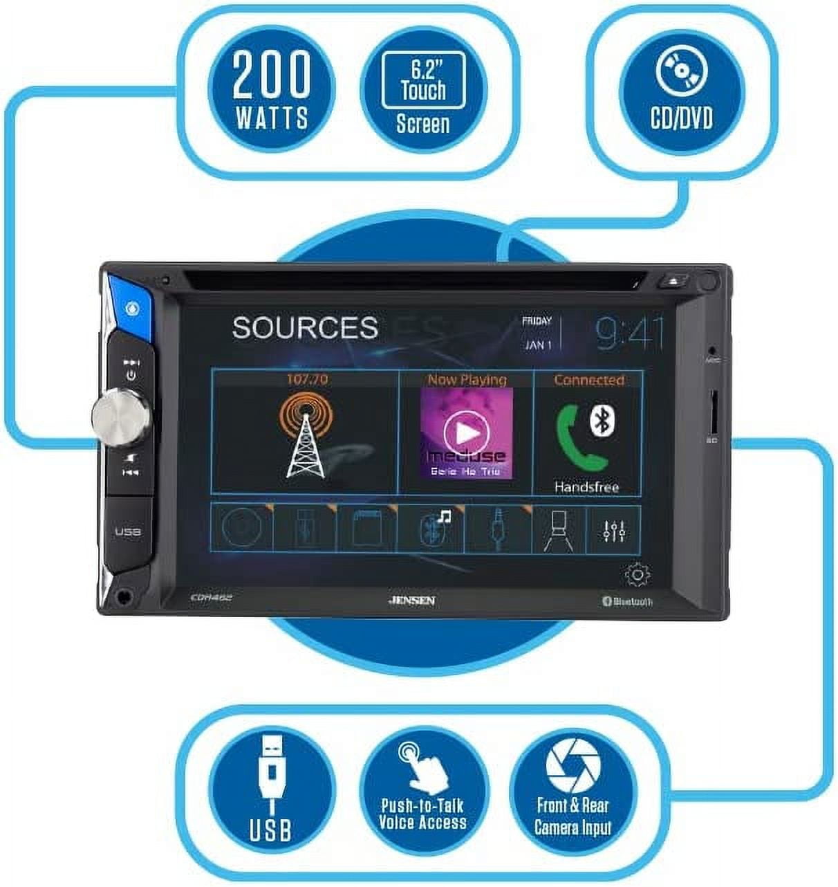 JENSEN CDR462 6.2 inch Double DIN Car Stereo Radio | LED Multimedia Touch Screen | CD & DVD Player | Push to Talk Assistant | Bluetooth | Steering Wheel Control | USB & microSD Ports
