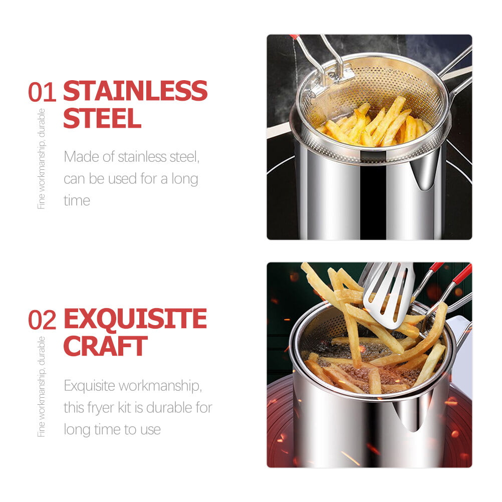 1 Set Food Fryer Stainless Steel Frying Cookware Snack Fry Basket Fryer Pot with Tong Stove Ring