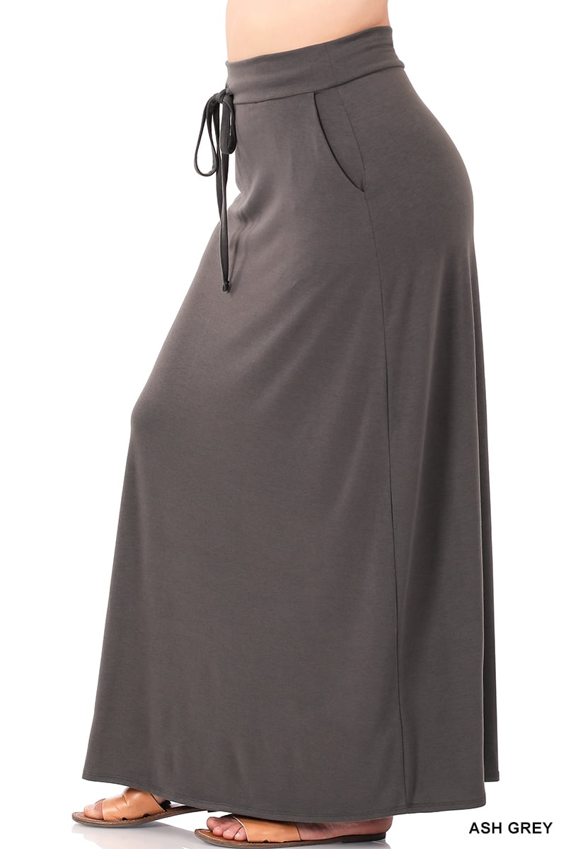 Zenana Women & Plus Relaxed Drawstring Waist Draped Basic Maxi Skirts with Side Pockets