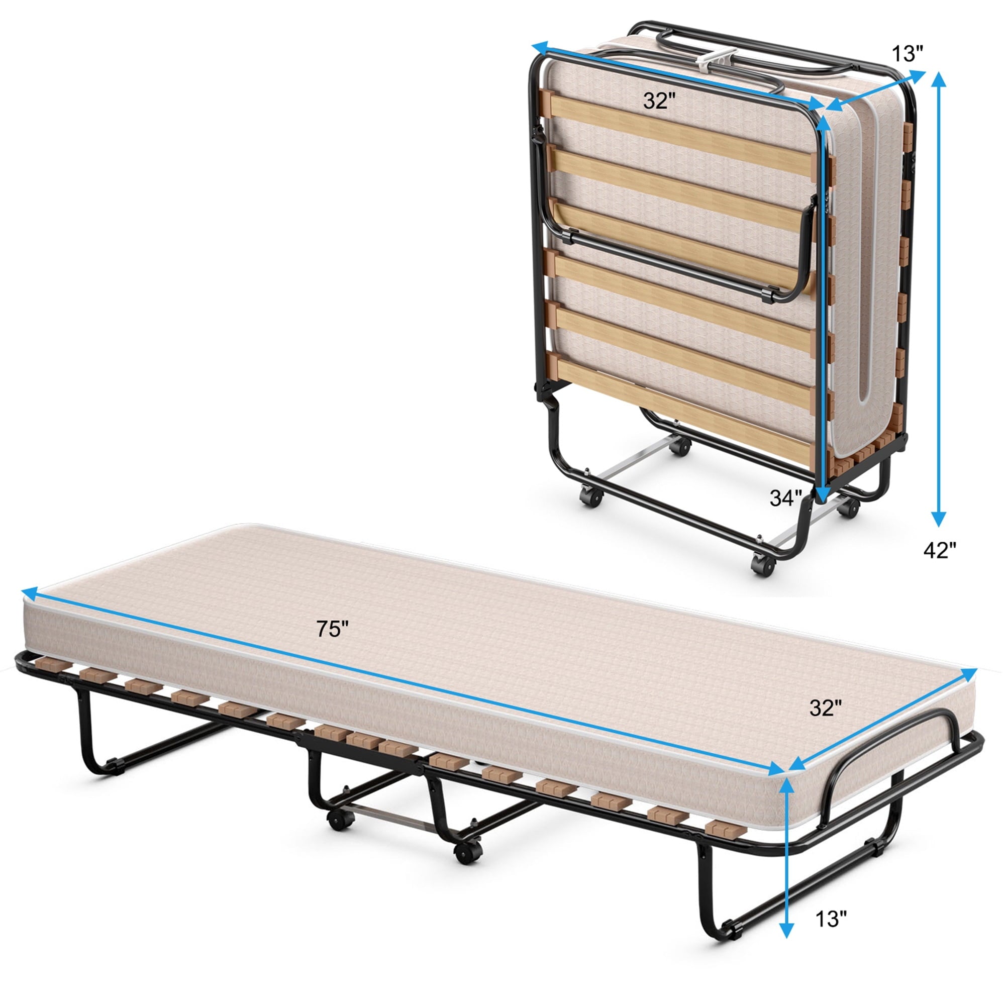 Gymax Folding Bed Rollaway Metal Guest Bed Sleeper Made in Italy w/ Memory Foam Mattress Beige