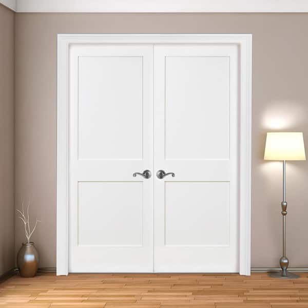 48 in. x 80 in. 2-Panel Square Shaker White Primed Solid Core Wood Double Prehung Interior Door with Nickel Hinges