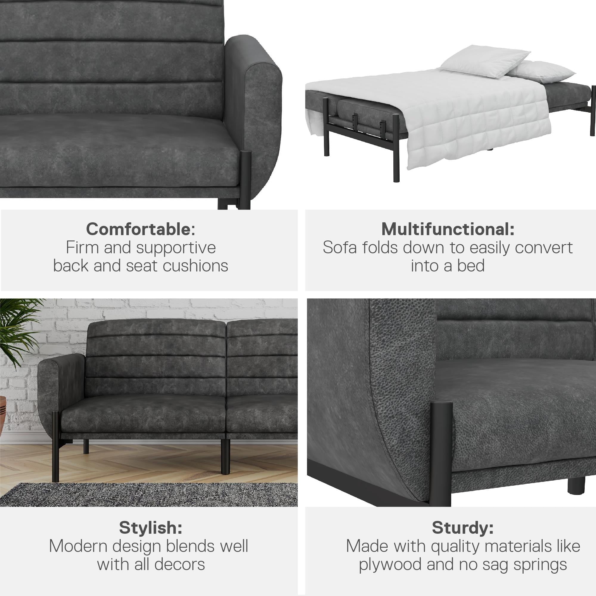 DHP Sadie Futon Sofa Bed and Couch Sleeper, Distressed Charcoal Black Faux Leather