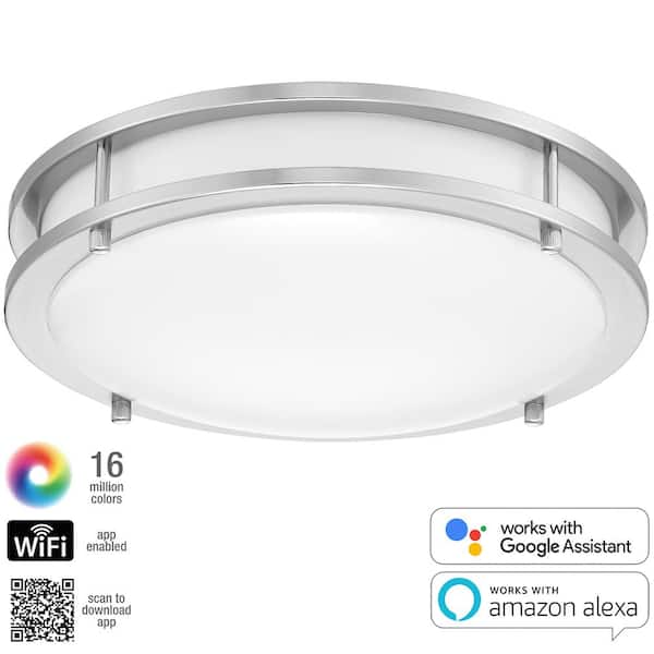 12 in. 1-Light Satin Nickel Selectable LED White and Color Changing Smart WiFi Flush Mount Dual Ring Ceiling Light