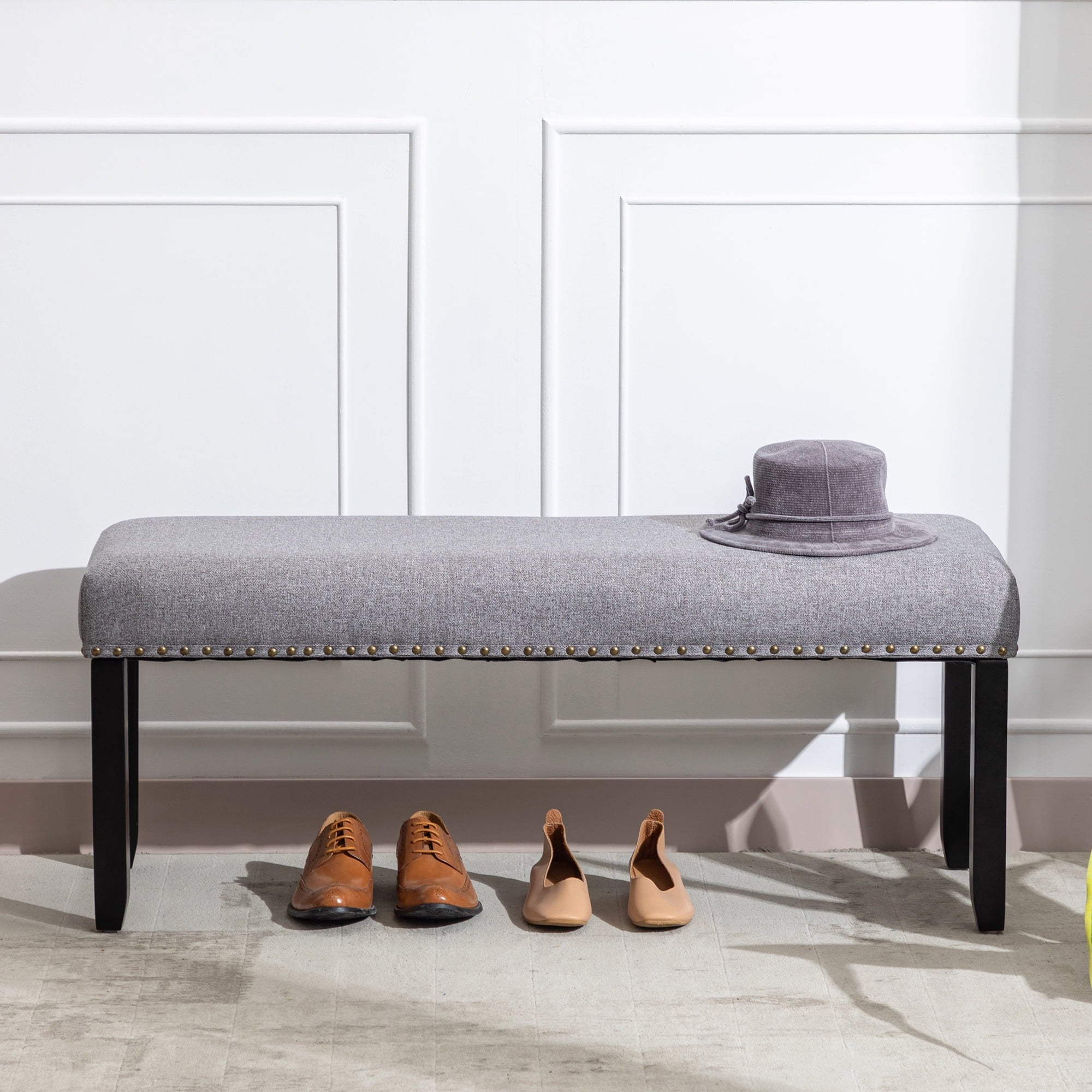 Duhome Upholstered Bench with Nailhead Trim, Dining Bench Entryway Bench End of Bed Bench Footstool with Wood Legs, Linen Gray
