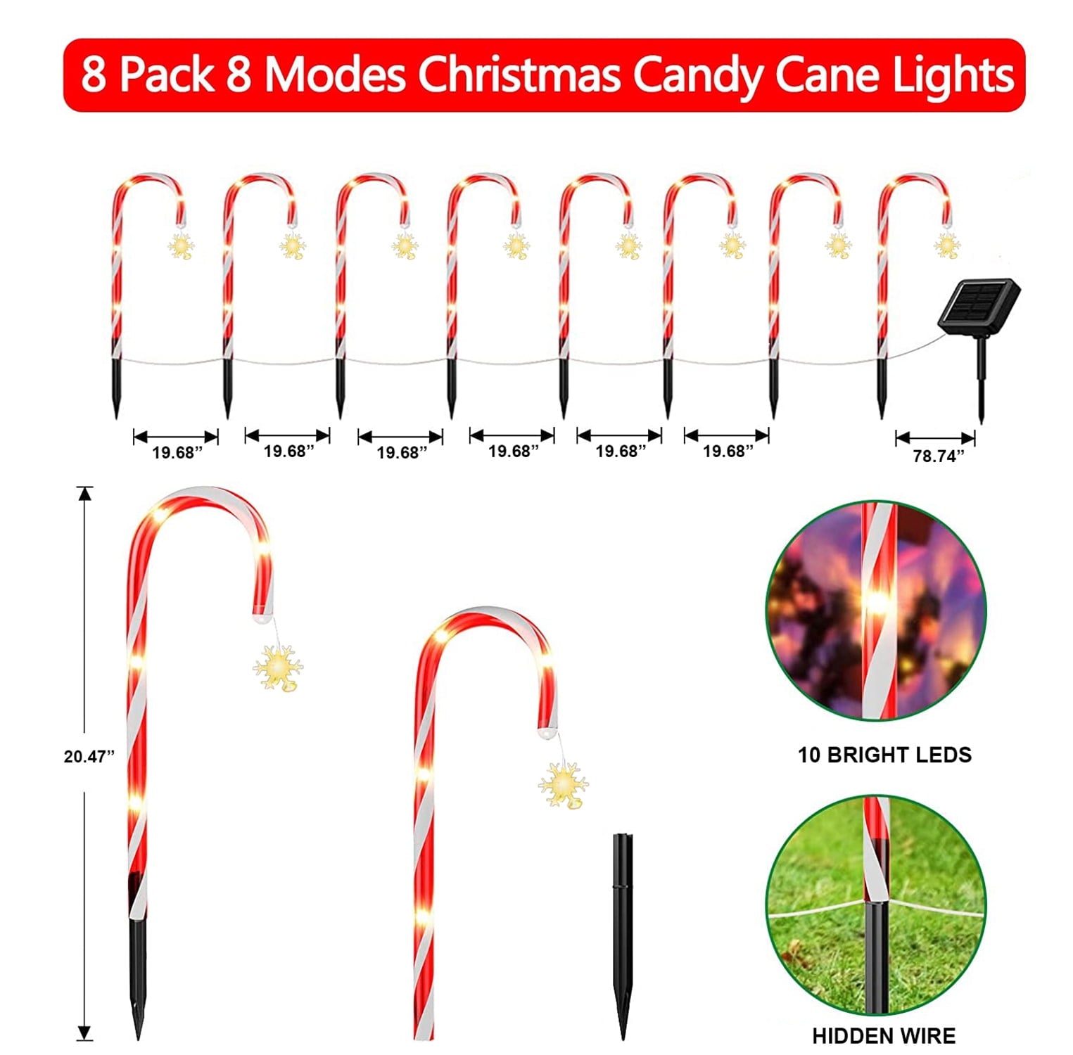 8 pk Solar Outdoor  20 inches LED 8 Modes Christmas Xmas Candy Cane Crutches with Stars Holiday Waterproof Pathway Warm Lights