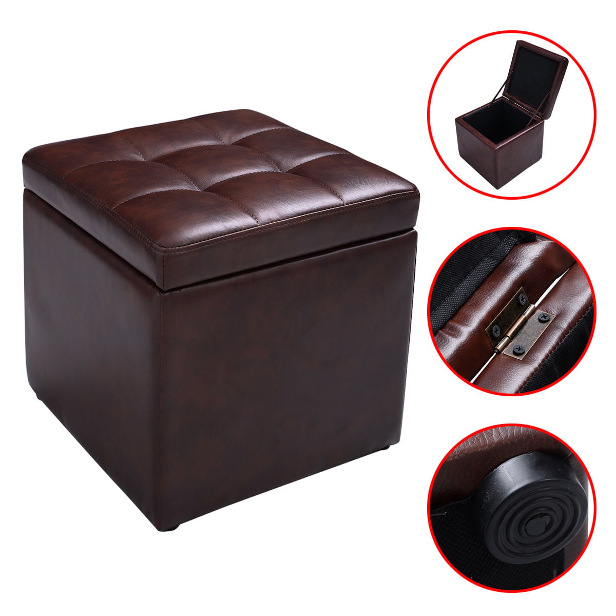 Costway 16''Cube Ottoman Pouffe Storage Box Lounge Seat Footstools with Hinge Top Red Brown