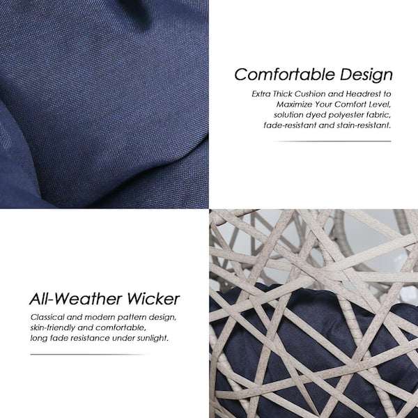 Wicker Patio Outdoor Egg Hanging Hammock Chair with Stand and Navy Cushion