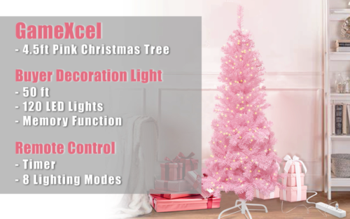 4.5ft Pink Christmas Tree 350 Branch Tips Decor Tree w/ USB LED String Lights US