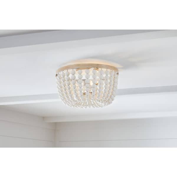 Cayman 13 in. 2-Light White and Faux Wood Beaded Flush Mount Ceiling Light Fixture with White Beaded Shade