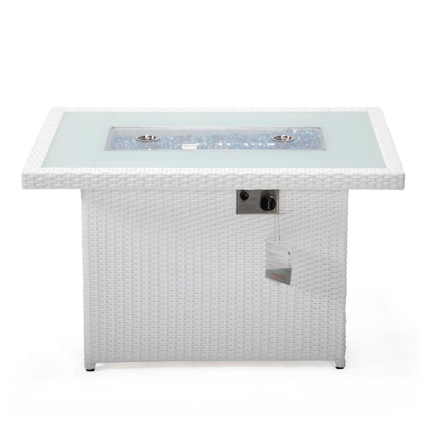 Mace 44 in. White Modern Wicker 55,000 BTU Propane Patio Fire Pit Table with Lid and Fire Glass