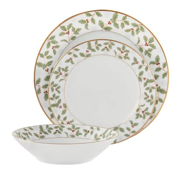 Holly and Berry Gold White Porcelain 12-Piece Dinnerware set (Service for 4)