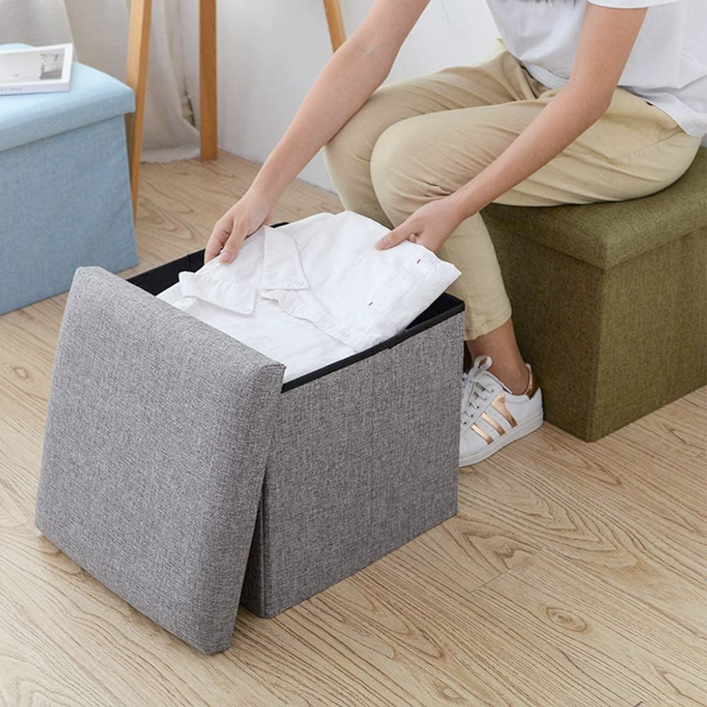 12 Inch Linen Storage Ottoman Cube,Square Ottoman Foot Rest Stool with Memory Foam Seat, Foldable Storage Boxes Chest, Grey