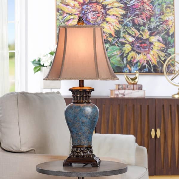 30 in. Blue/Brown/Bronze/Gold Table Lamp with Taupe Fabric Shade