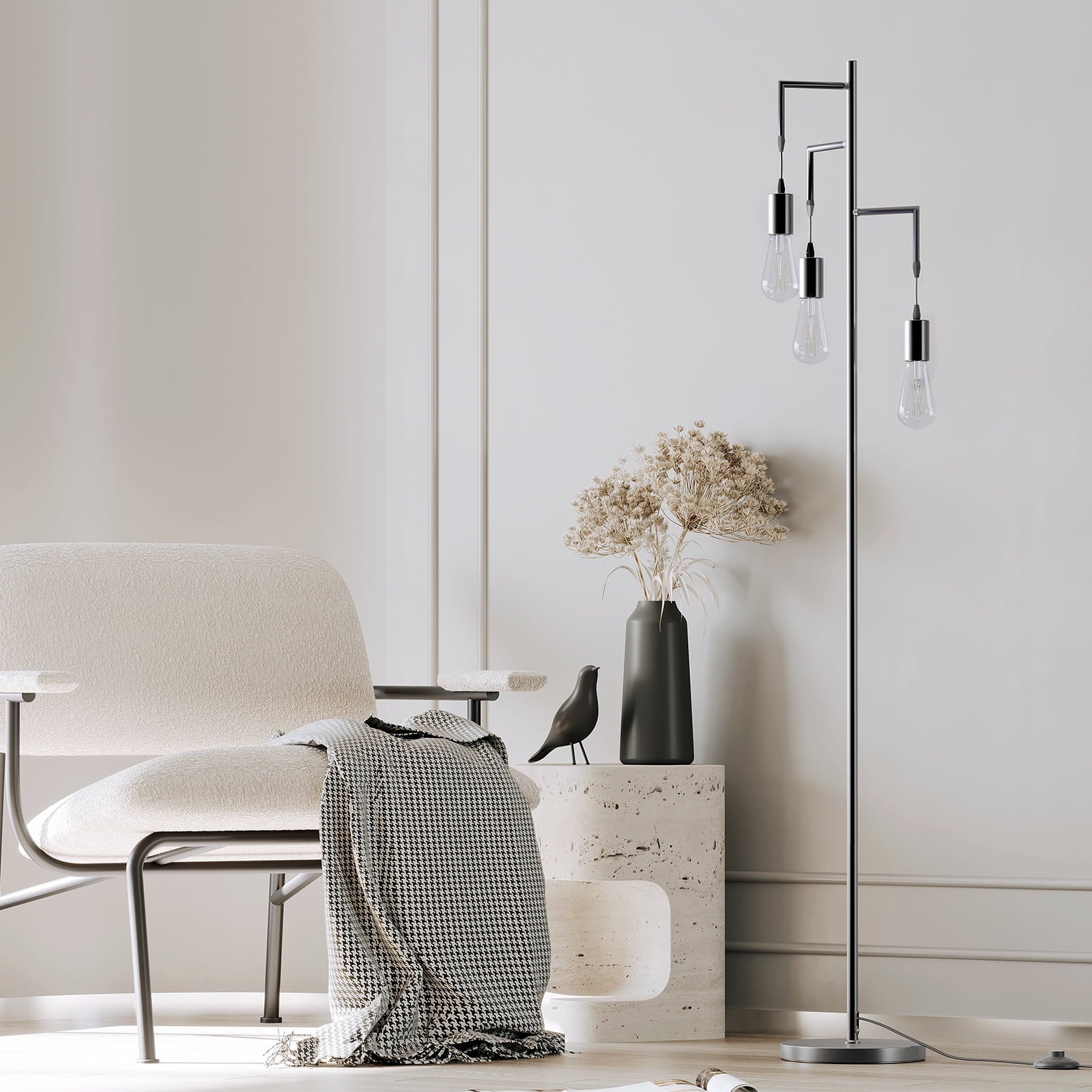 SUNMORY 3 Light Floor Lamp for Living Room and Bedroom, Farmhouse Industrial Tree Floor Lamp, Black