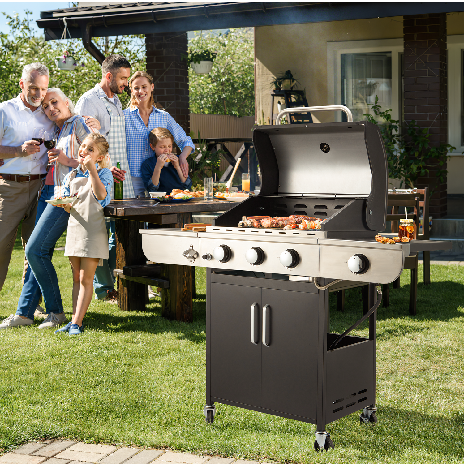 Yoleny 3 Burner BBQ Propane Gas Grill，24,000/36,000 BTU Stainless Steel with Stove and Side Table