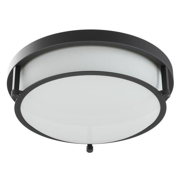 13 in. 2-Light Industrial Black Flush Mount Farmhouse Close to Ceiling Light Fixture with White Glass Shade