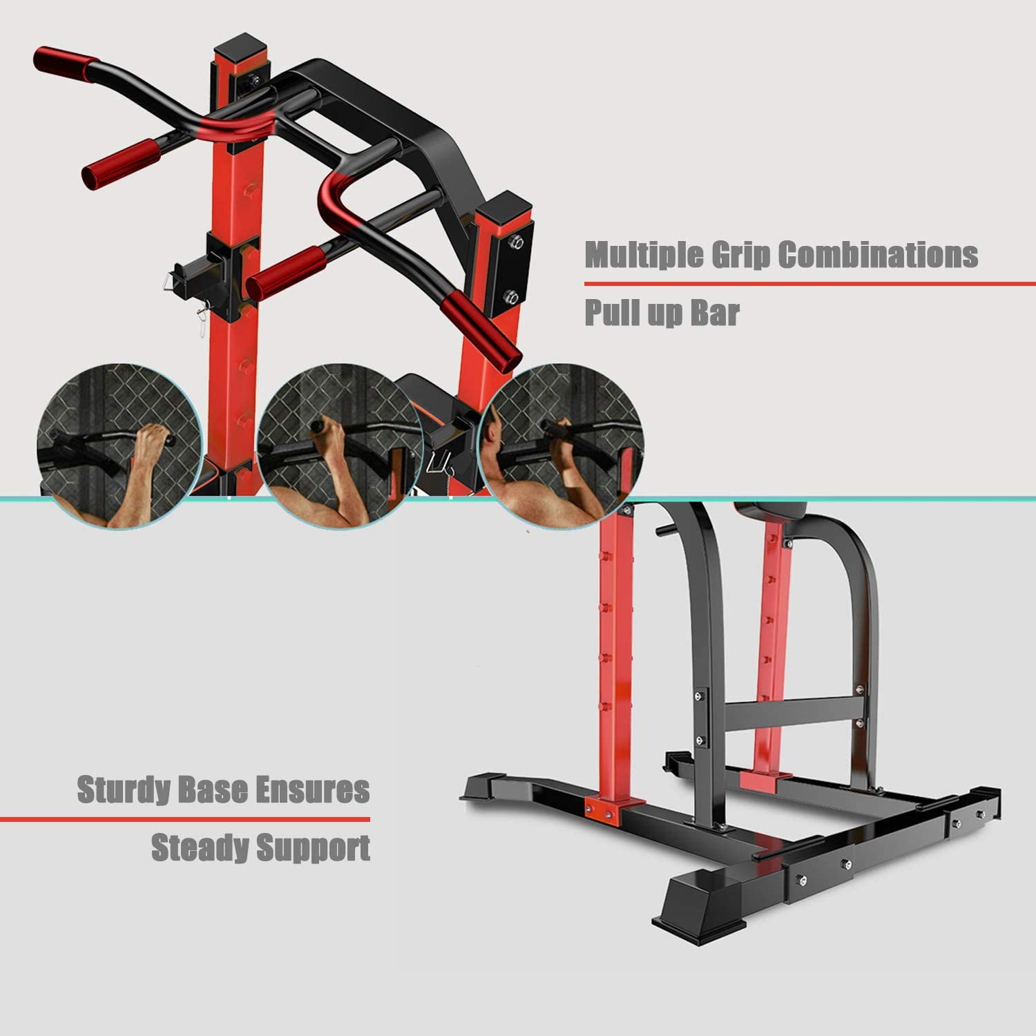 Wesfital Height Adjustable Power Tower Squat Rack Pull-up Bars Dip Stands Strength Training Equipment for Home Gym, Red