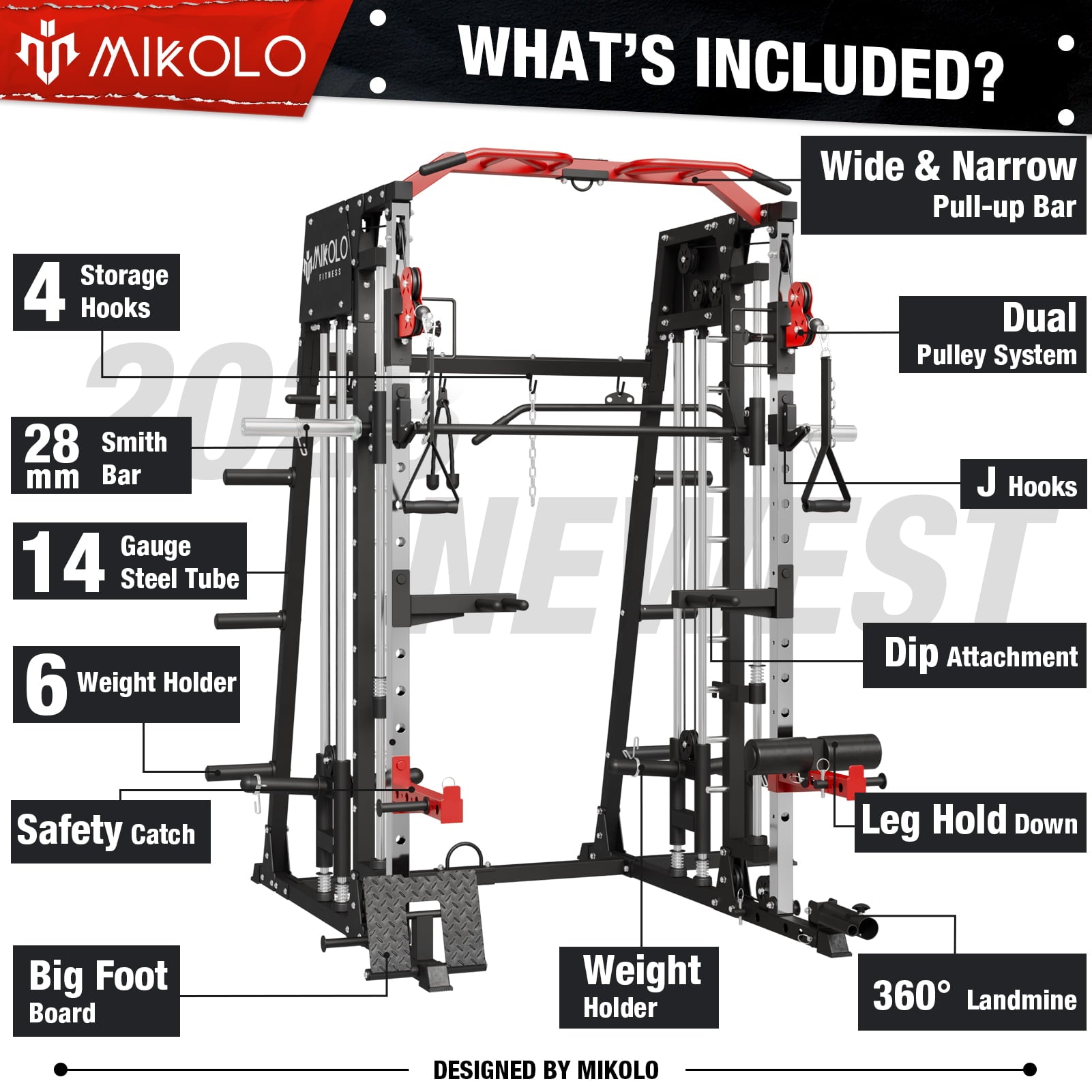 Mikolo Smith Machine Home Gym, 2200 lbs Power Rack Cage with Cable Crossover, Weight Bar, 360° Landmine, Barbell Holders and Other Attachments, Total Body Strength Training Cage