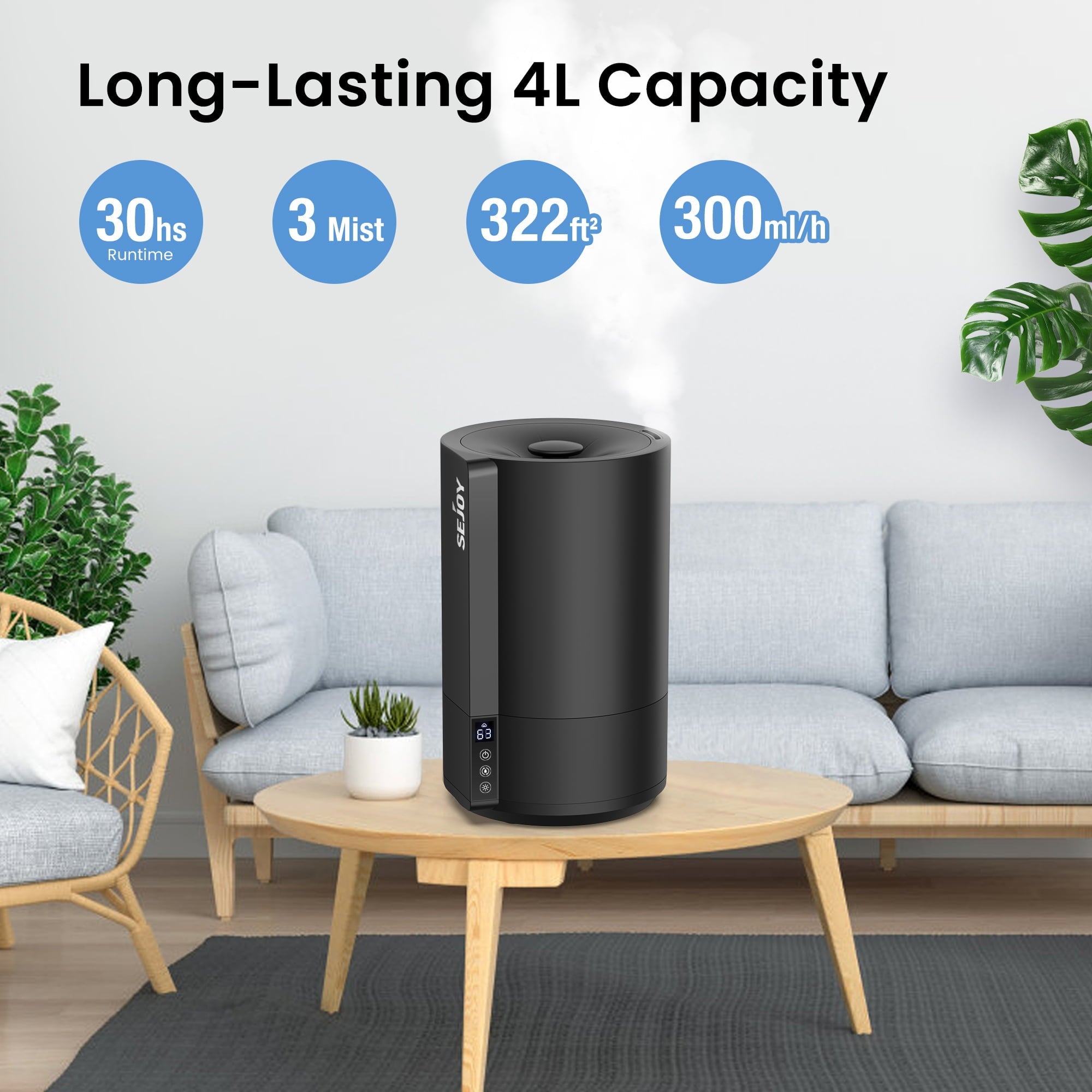 Sejoy Humidifiers for Bedroom, Quiet (3.5L Water Tank) Cool Mist Top Fill Essential Oil Diffuser for Baby Nursery and Plants,  Rapid Ultrasonic Humidification for Home Large Room,Black