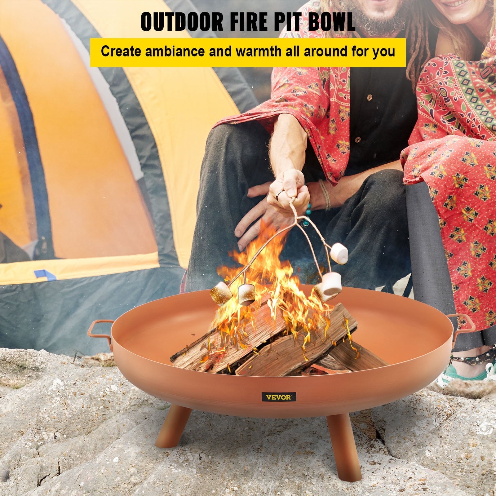 VEVOR Fire Pit Bowl, 30-inch Deep Round Carbon Steel Fire Bowl, Wood Burning for Outdoor Patios, Backyards & Camping Uses, with A Drain Hole, Portable Handles and A Firewood Stick, Brown