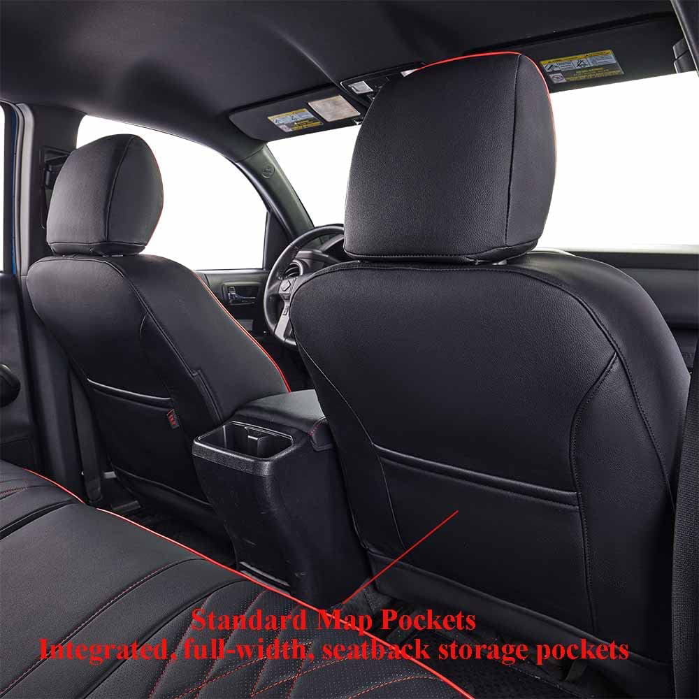 EKR Custom Fit Tacoma Leather Car Seat Covers for Toyota Tacoma 2016 2017 2018 2019 2020 2021 2022 2023 /Double Cab - Full Set,Leather(Black with Red Trim)