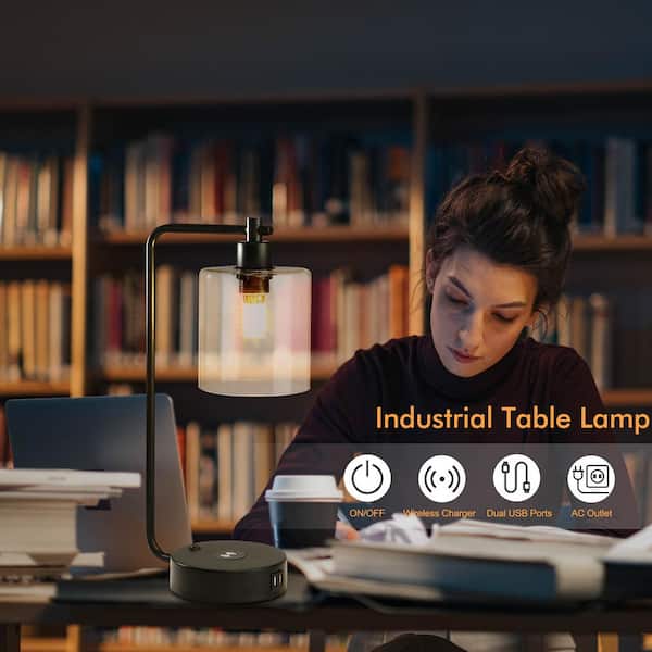 19 in. Clear Table Lamp with Wireless Charger and Glass Shade