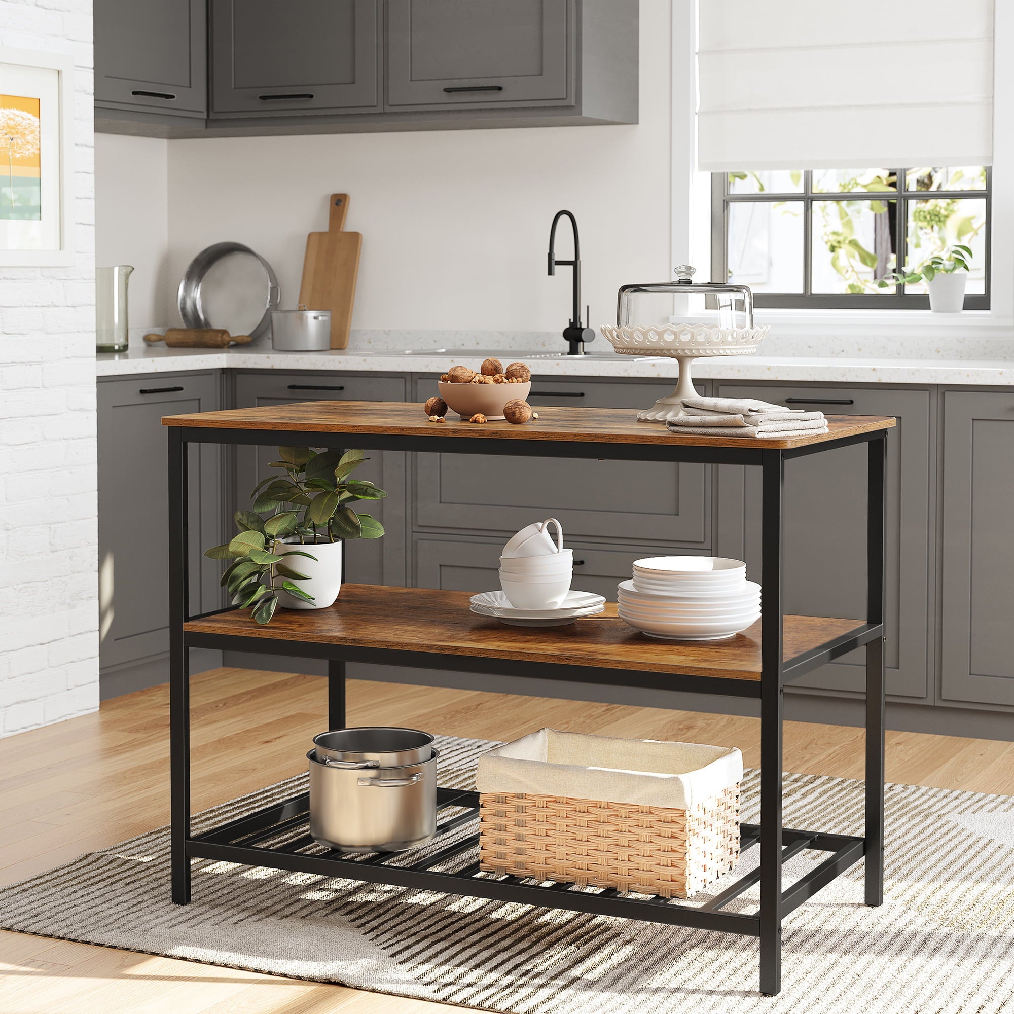 VASAGLE Kitchen Storage Island 3-Tier Kitchen Shelf Organizer Kitchen Baker’s Rack Coffee Bar Rustic Brown & Black