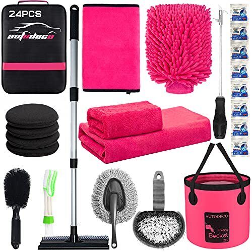 24Pc Pink Car Wash Cleaning Set with Bag & Bucket