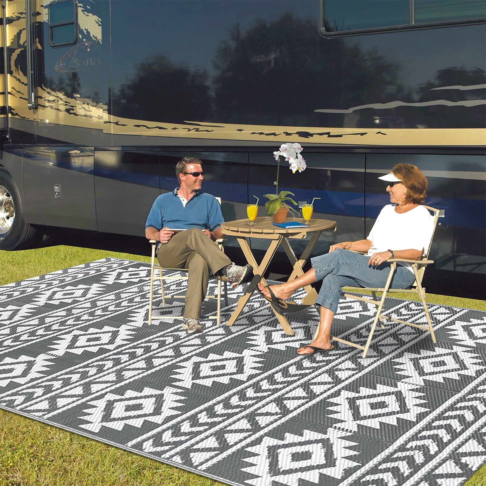 MeyJey Outdoor Rugs, 6'x9' Reversible Outdoor Area Rug, Plastic Waterproof Floor Mat for Patio Camping RV Picnic Backyard Deck Balcony Porch Beach, Gray
