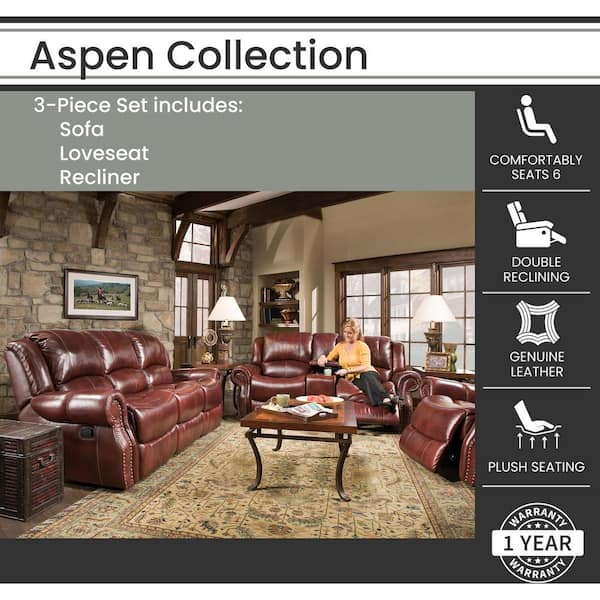 Aspen 3-Piece Oxblood 100% Genuine Leather Set with Double-Reclining Sofa and Gliding Console Loveseat, Recliner Chair