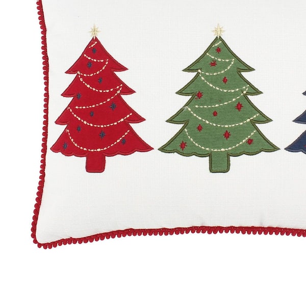 White Pine Multi-Color Christmas Tree Trio Embroidered Appliqued with Pom Pom Trim 14 in. x 18 in. Throw Pillow