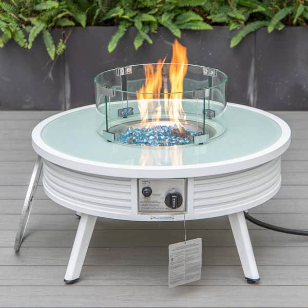 Walbrooke Modern White Patio Round Fire Pit Table with Aluminum Slats Frame
