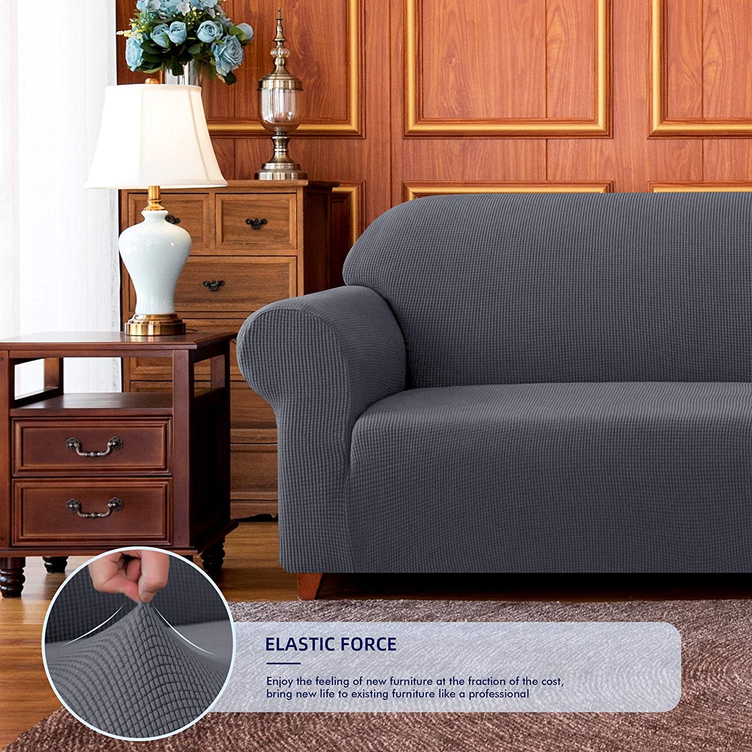 Subrtex 1-Piece Stretch Sofa Slipcover Non Slip Couch Cover (Sofa, Gray) Large/3-Seater: 72-92 inches wide