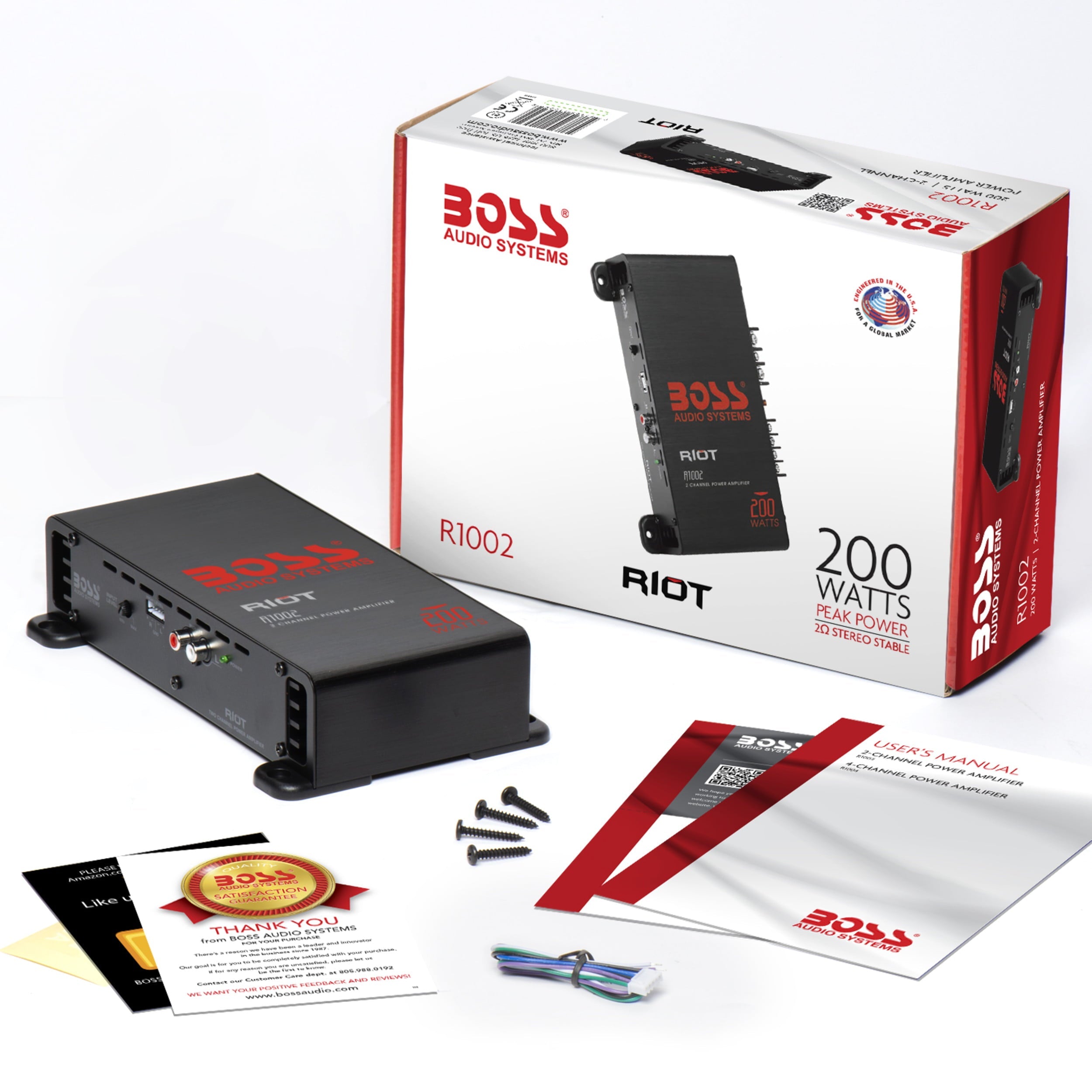 BOSS Audio Systems R1002 Riot Series Car Audio Stereo Amplifier - 200 High Output, 2 Channel, Class A/B, 2/4 Ohm Stable, Low/High Level Inputs, Full Range, Subwoofer