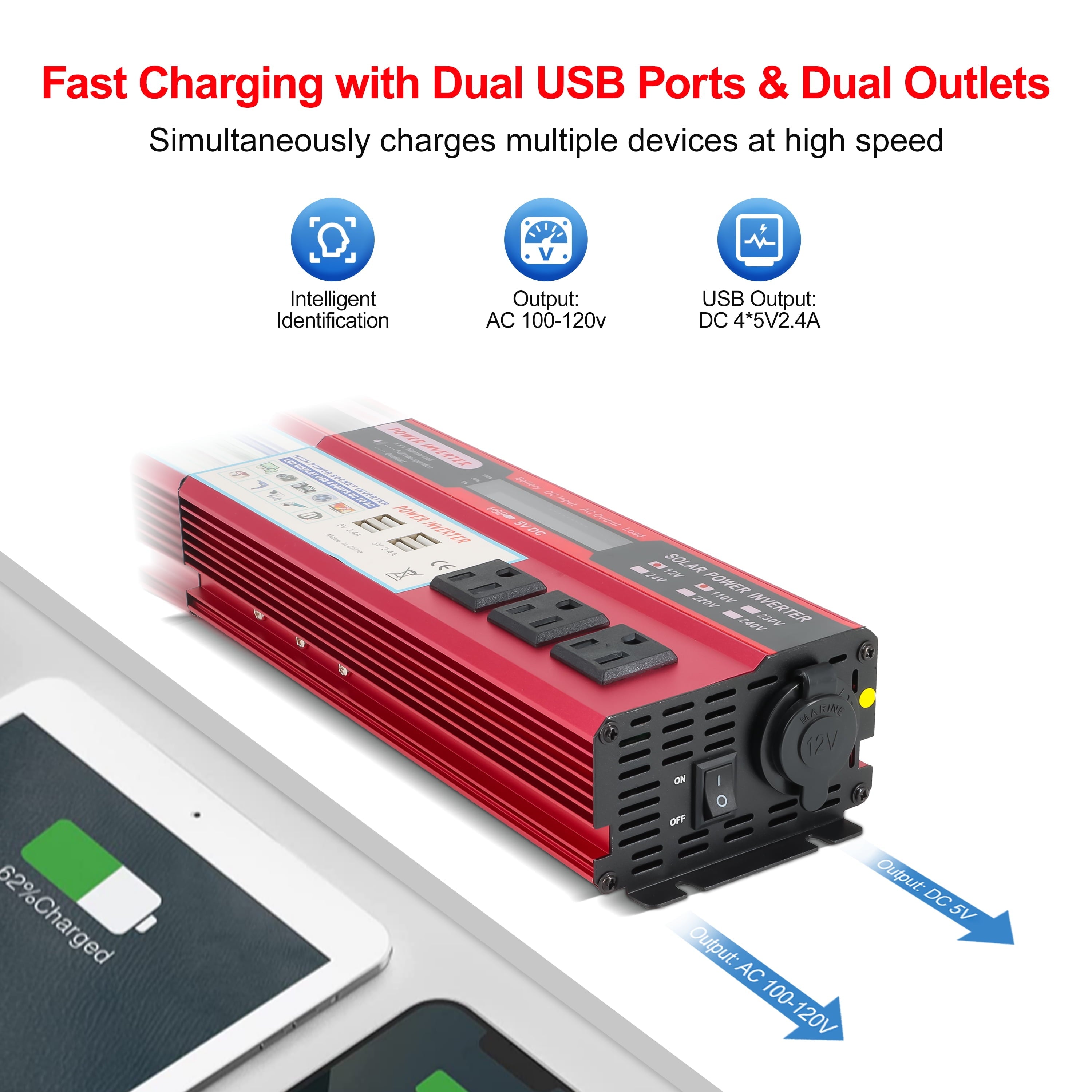 Yyton 2000W Car Power Inverter, Modified Sine Wave Inverter DC 12V to AC 110V 3 AC Converter with LCD Display, 4x2.4 A USB Ports Car Charger, 1 Cigarette Lighter Ports