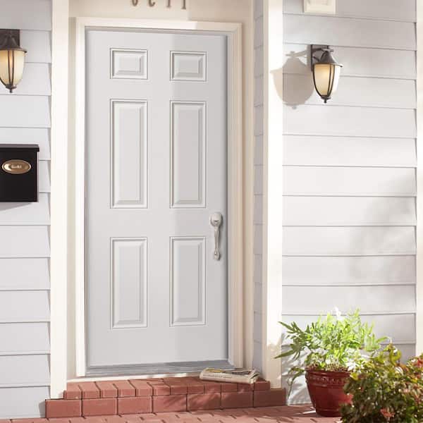32 in. x 80 in. Utility 6-Panel Left Hand Inswing Primed Steel Prehung Front Exterior Door with Brickmold