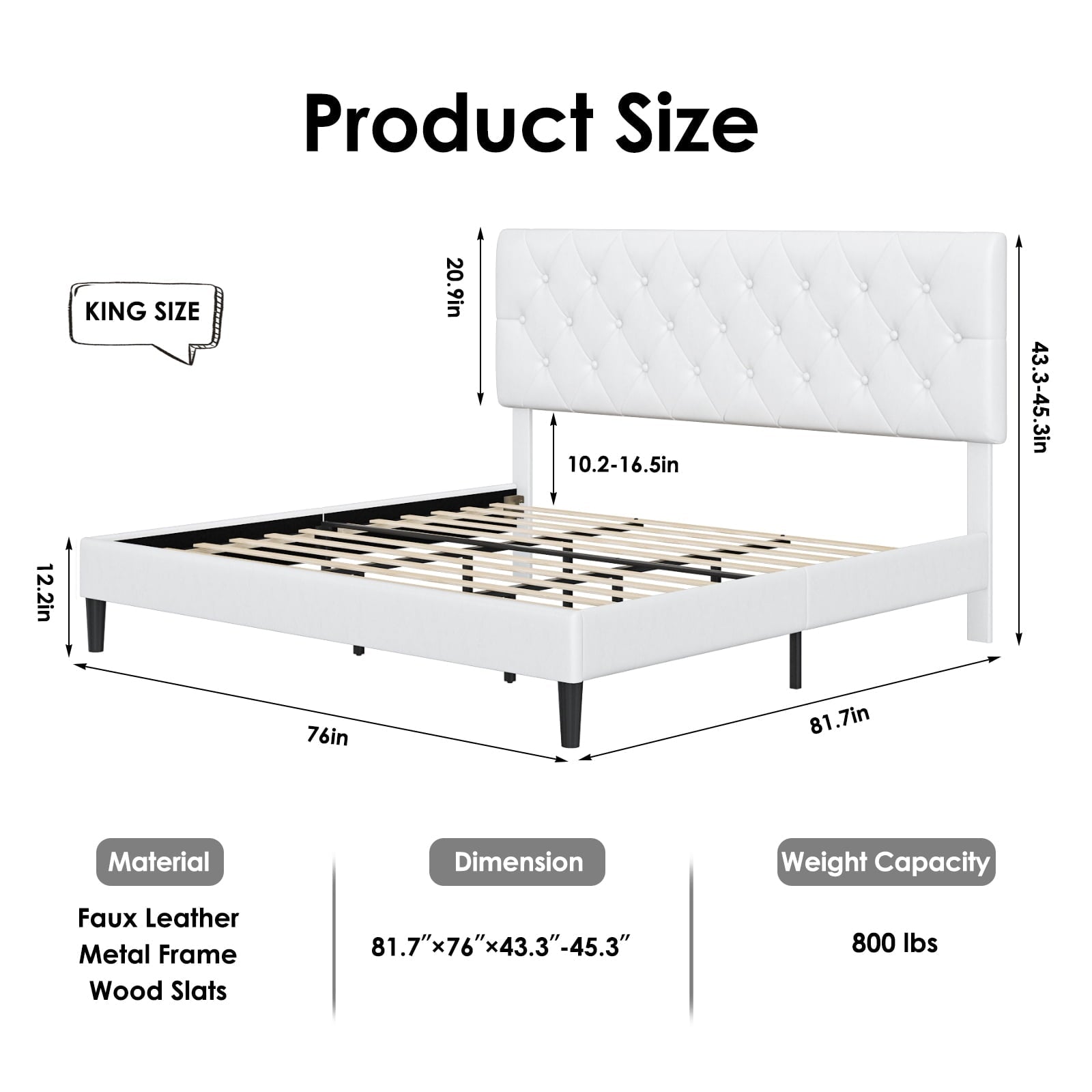 Homfa King Bed Frame, White Faux Leather Upholstered Button Tufted Low Profile Platform Bed Frame with Adjustable Headboard for Bedroom