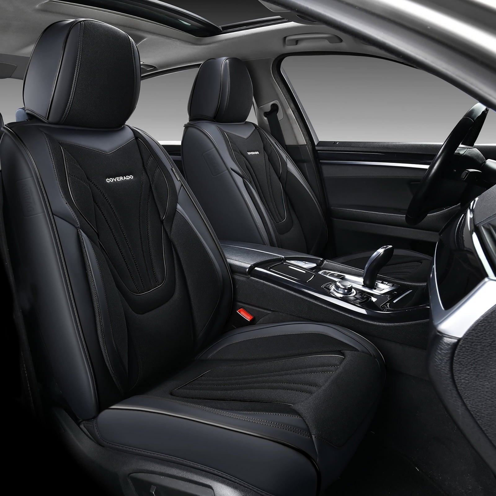 Coverado Seat Cover Full Set, Front and Back Car Seat Protectors, 5 Seats Car Seat Cushions, Breathable Magna Fabric Leather, Universal Fit for Most Cars, SUVs and Trucks, Black