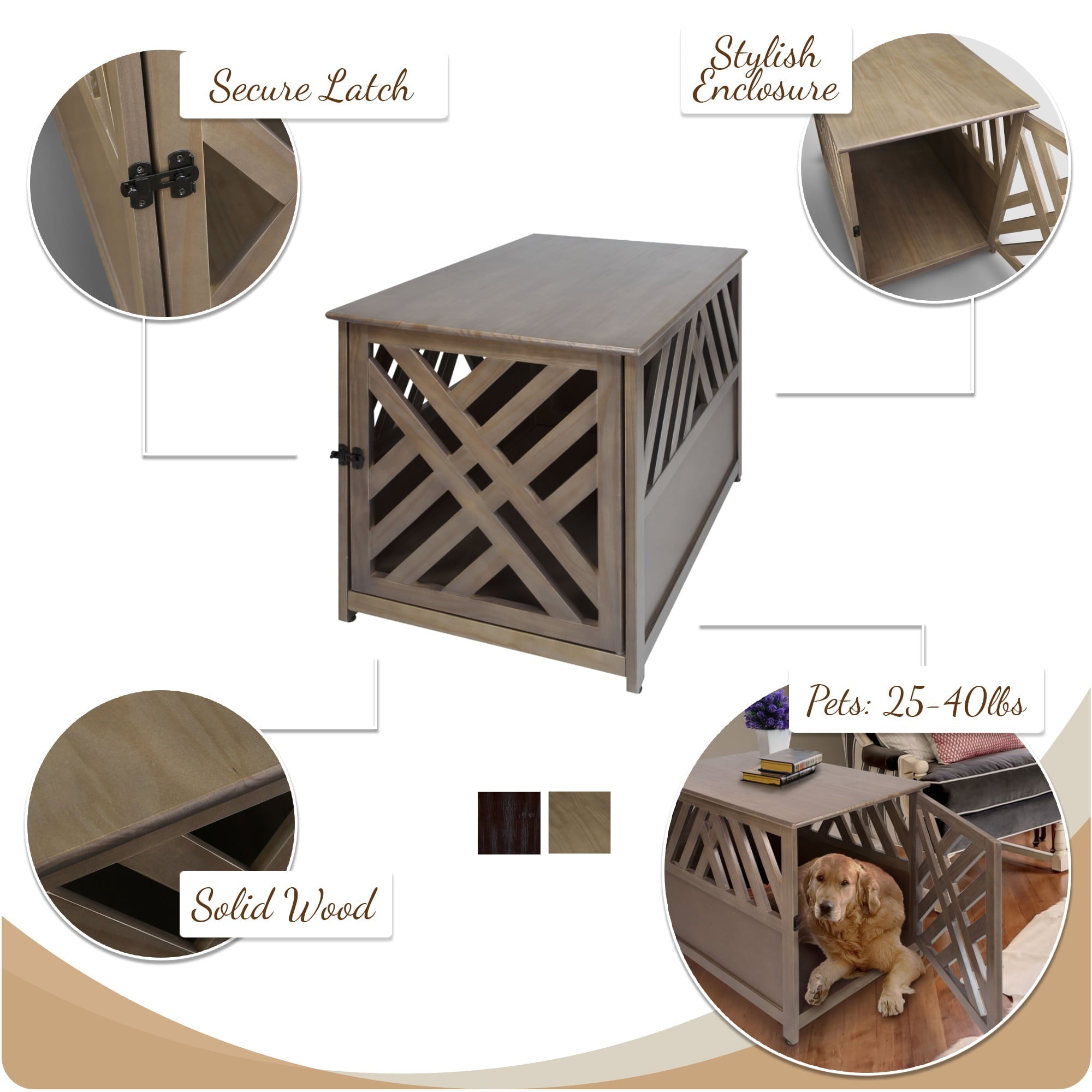 Casual Home Modern Lattice Wooden Pet Crate End Table, Espresso, Medium, 33