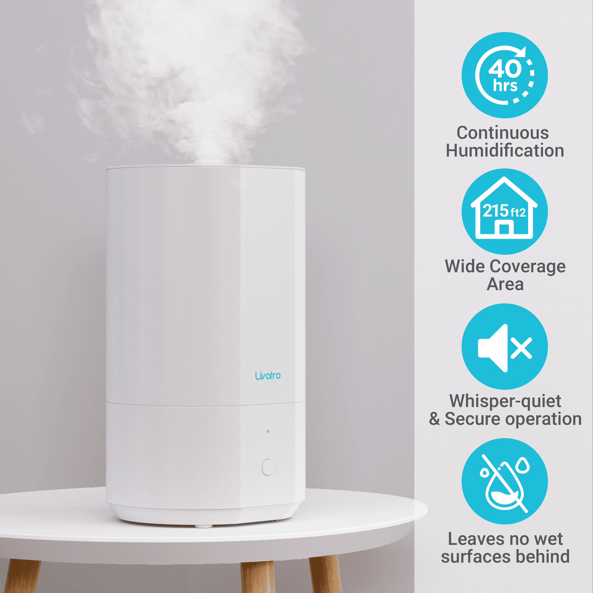 Livatro 4L Top Fill Humidifiers for Bedroom Large Room Nursery, Cool Mist Humidifier With Ultrasonic Quiet, Auto Shut-off and Easy to Clean, Last up to 40 Hours, White