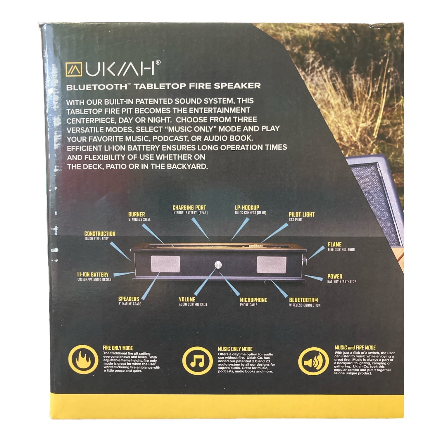 Ukiah Rechargeable Bluetooth Tabletop Propane Fire Pit Speaker 40,000 BTU Output