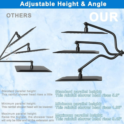 10" High Pressure Rainfall Shower Head with Handheld Combo, 12" Large, Black