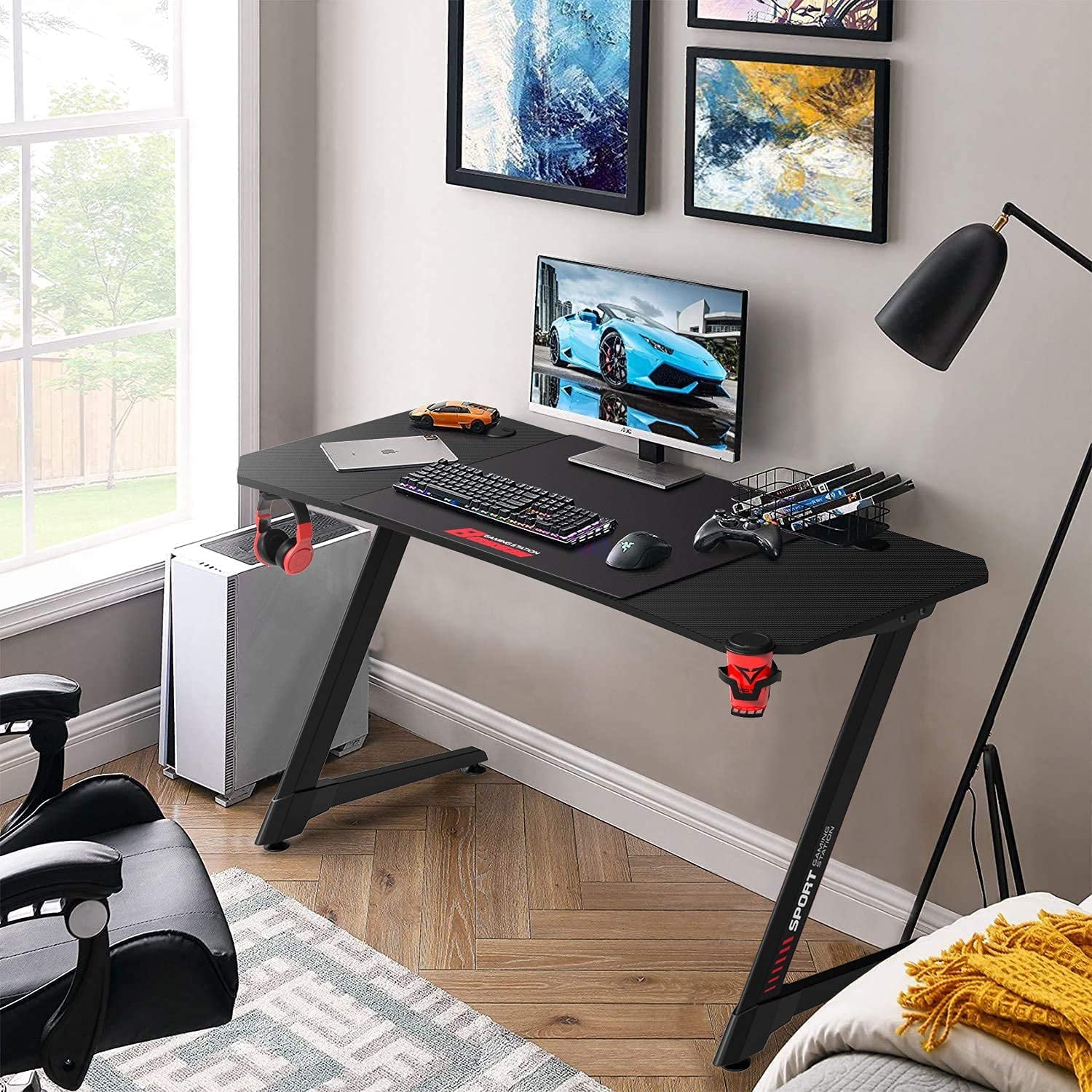 Vitesse 55 Inch Gaming Desk, Ergonomic Office PC Computer Desk with Large Mouse Pad, Z Shaped Gamer Tables Pro with USB Gaming Handle Rack, Stand Cup Holder and Headphone Hook